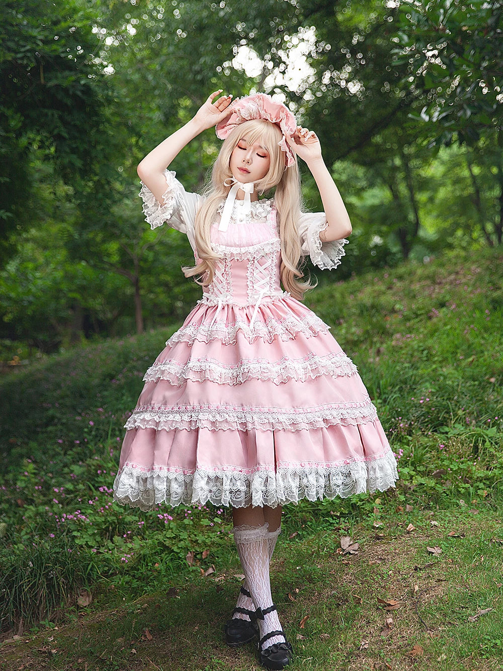 Mirror Doll - Old School Lolita Tiered Hem JSK with Polka Dot Lace 45540:853684
