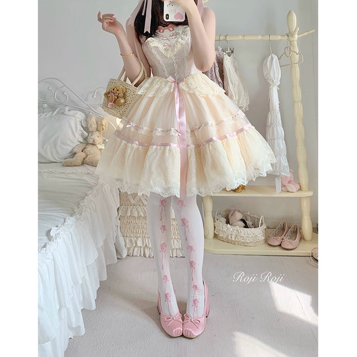 Roji Roji~Sweet Lolita Pantyhose Rose Printed Velvet Thigh Stockings   