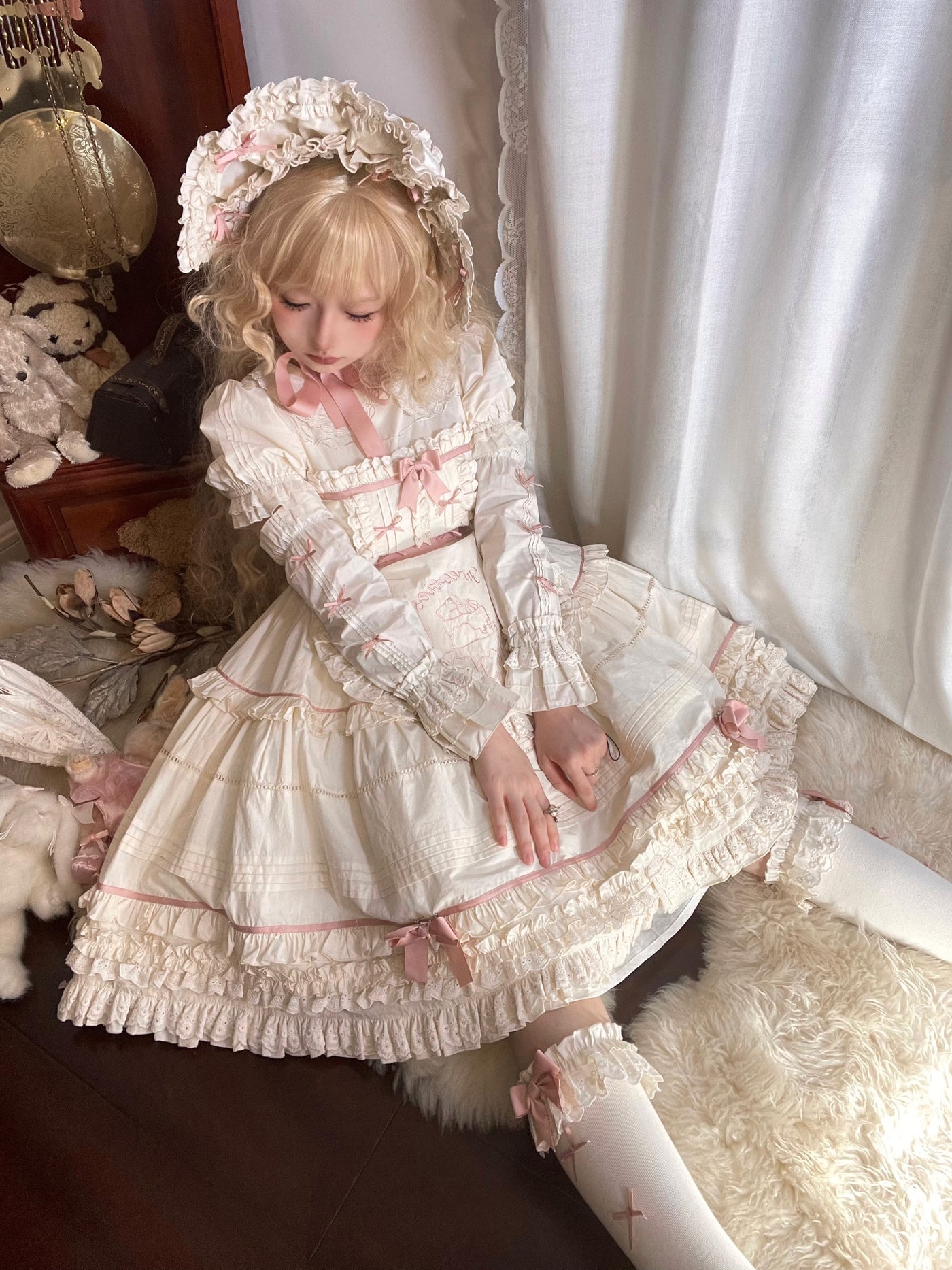 Seventh Puppet~Cream Waffle~Sweet Lolita Doll Sense Dress S milk pink bnt large set 