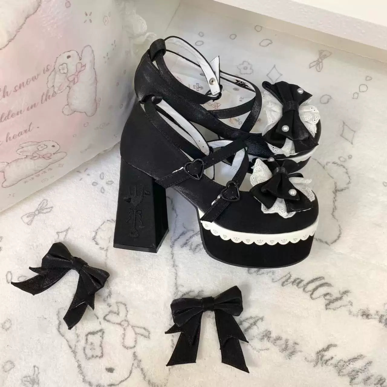 Tea Party Tale - Sweet Lolita Platform Heels, Bow Strap & Fork Embroidery 45905:867648
