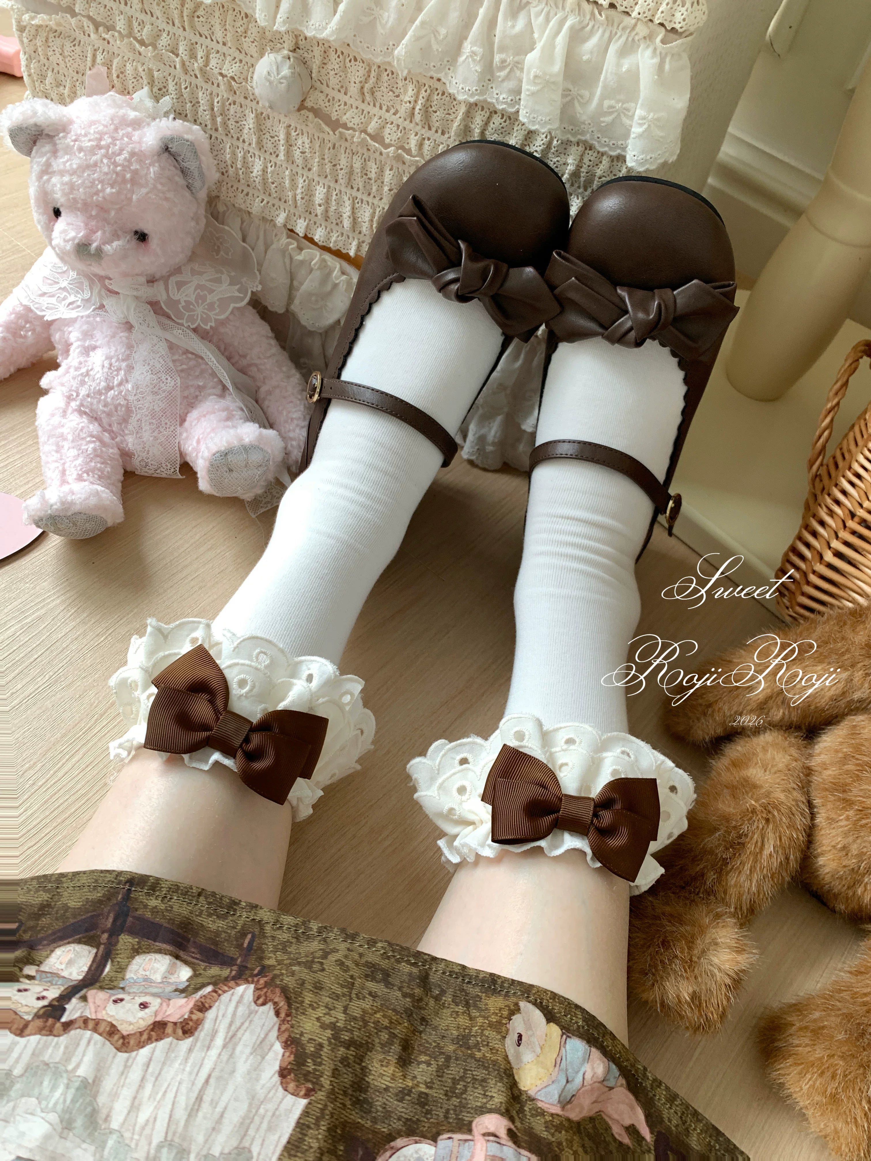 Cotton Classic Lolita Calf Socks, Double Layer Trim & Bow 45730:859930