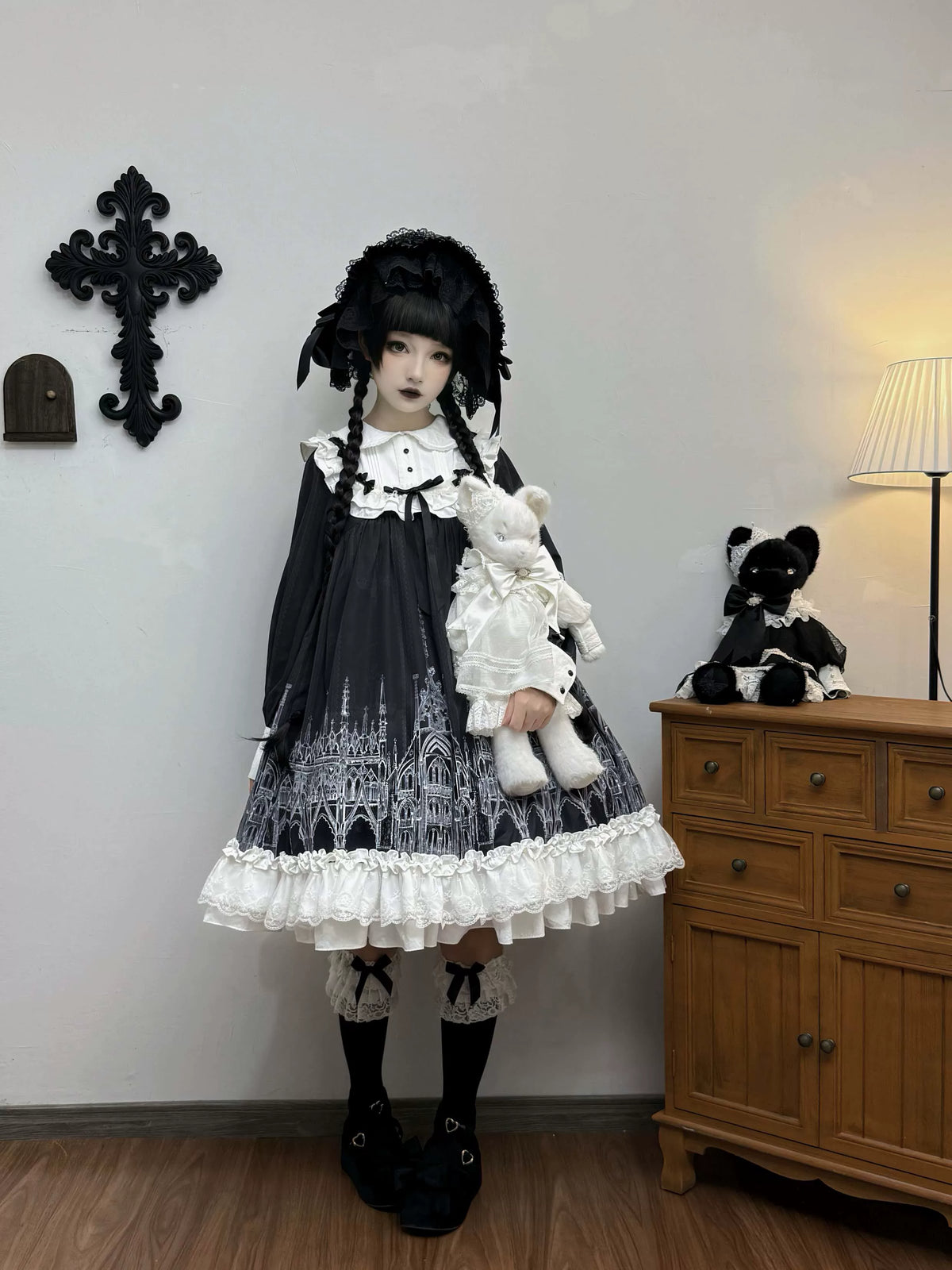 Silent Spire - Gothic Lolita Cathedral Print JSK & OP Dress Set, Side Pockets 45921:868090