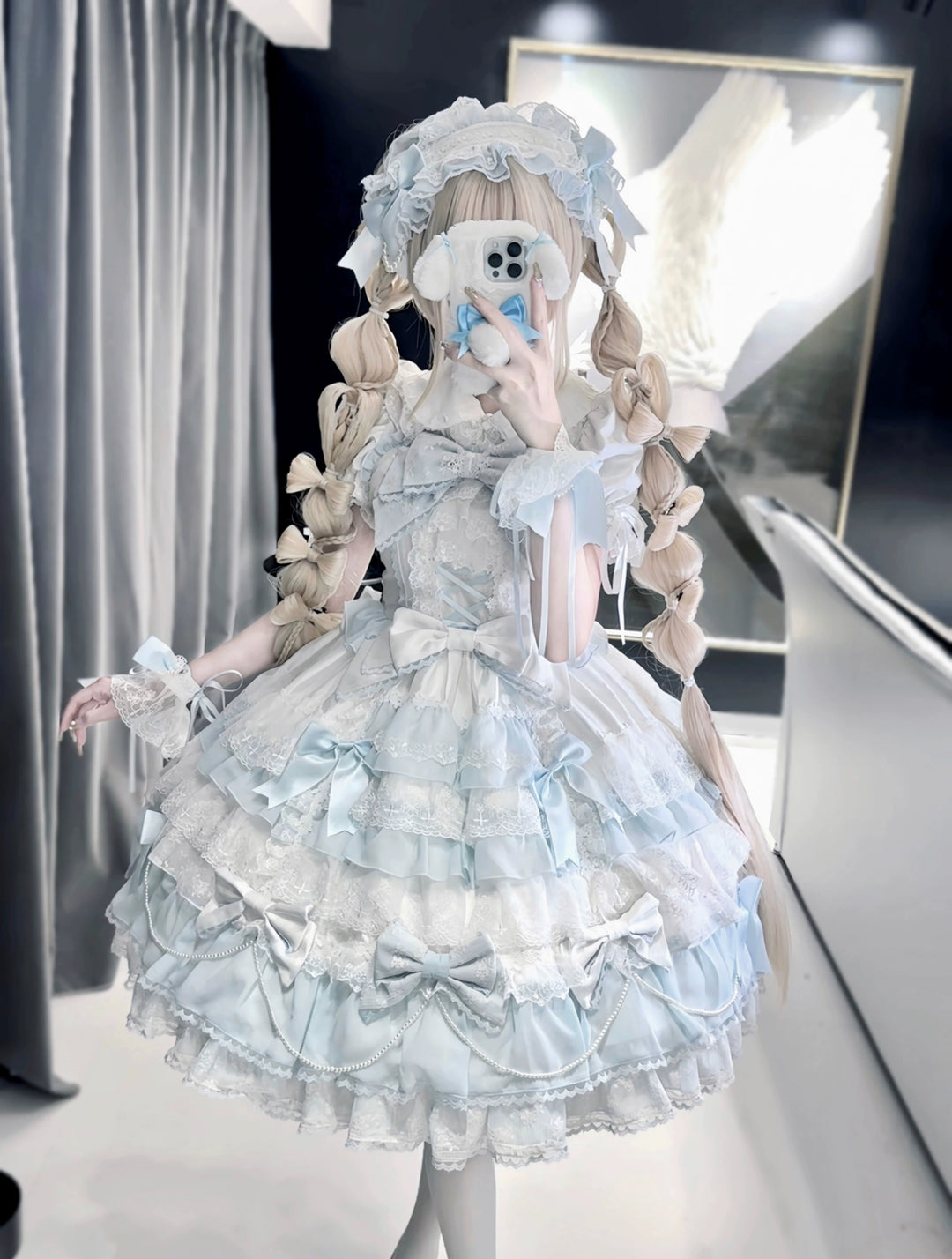 Cocoa Sweetheart~Love Descends~Wedding Lolita Jumper Dress Elegant Bridal JSK Free size White and blue hairband 