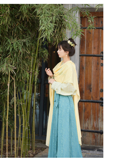 Chixia~Han Lolita Blue Eight-piece Skirt and Yellow Shirt   