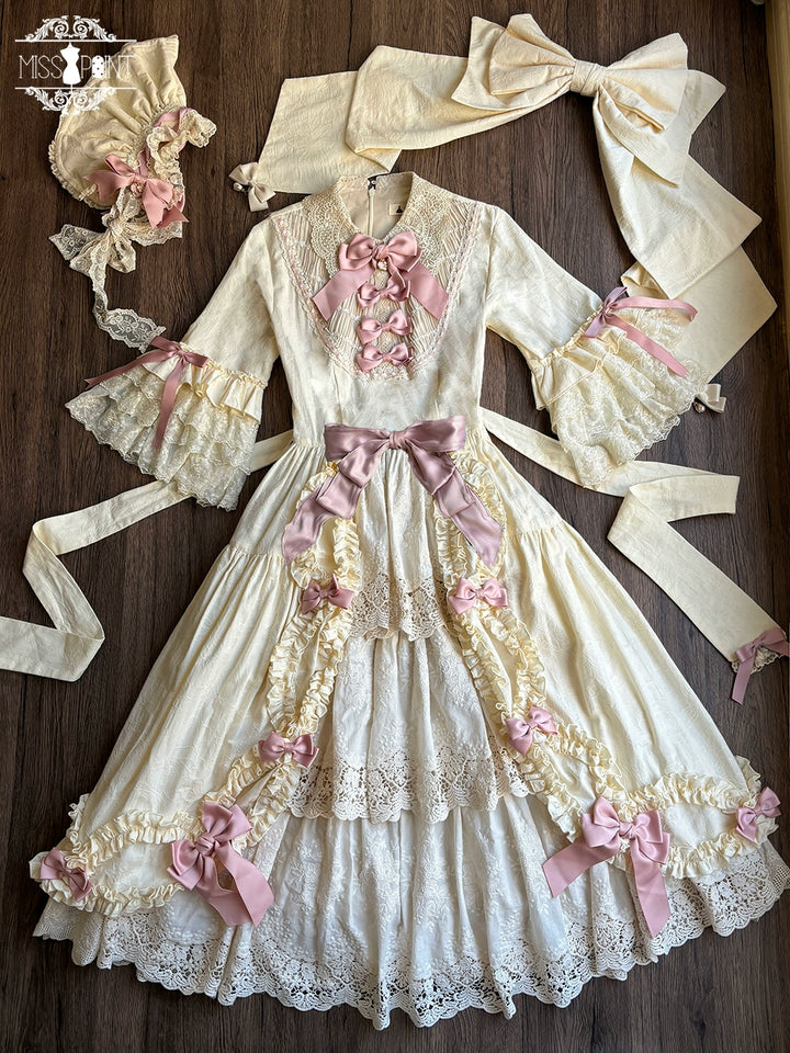 Miss Point~Lilyka Garden~Classic Lolita OP Dress Elegant Floral Wall Princess Sleeve (2XL L M S XL XS / Beige) 38832:606480