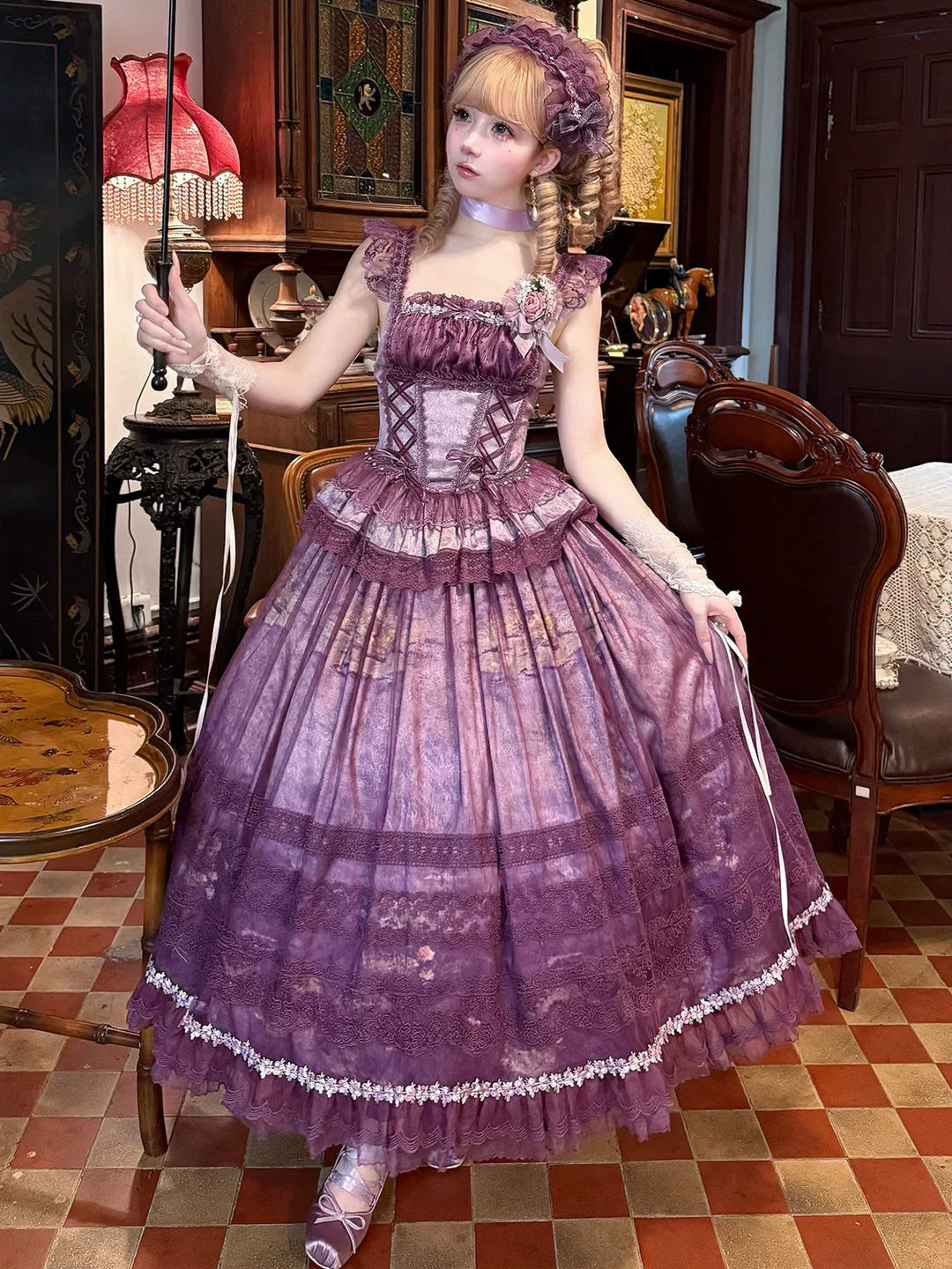 Hanguliang - Foggy Vineyard - Fishbone Classic Lolita Bodice, Maxi Skirt Purple - Bodice+Skirt (without accessories) S