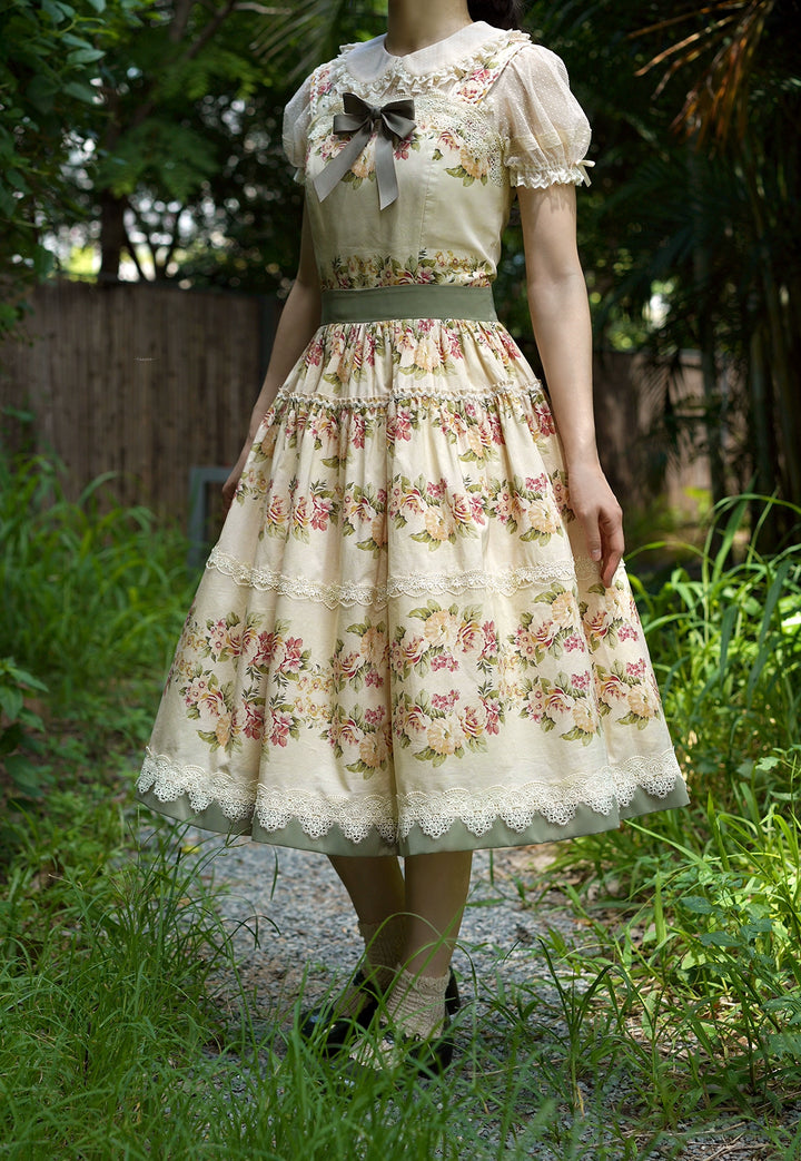 Surface Spell - Blooming Roses Over a Porch - Cotton Elegant Lolita JSK Dress, Floral Print