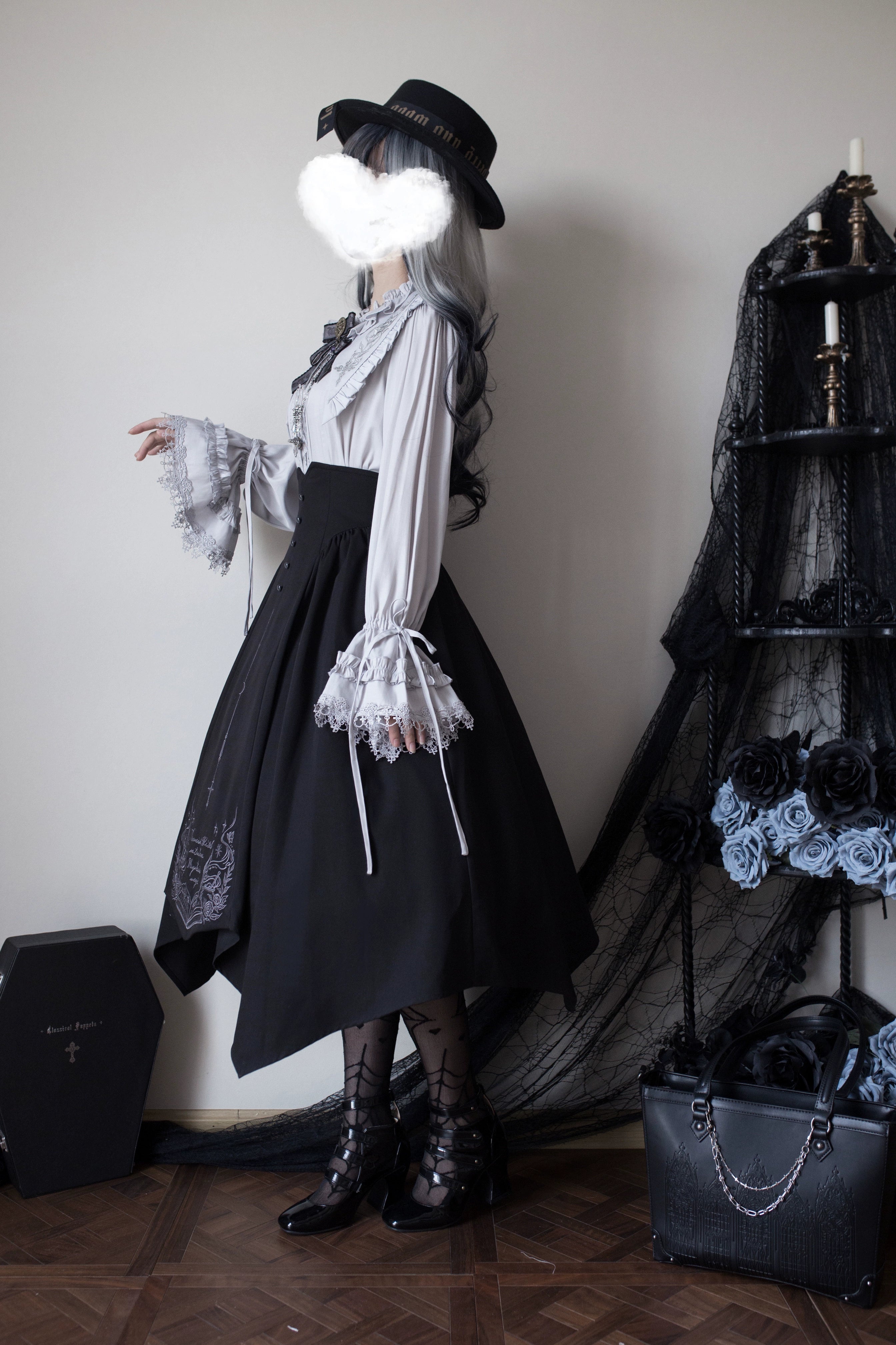 Chris House Lolita - Witch Notes - Gothic Loliat Embroidered Dress Suit, Cross and Rose Print 44096:795003