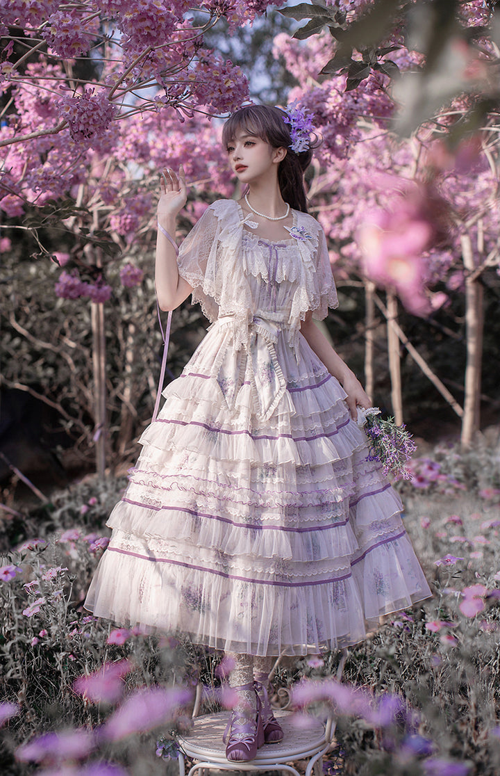 Avenue Denfer~Floral Veil~Elegant Lolita JSK Suit Floral Print Dress and Tulle Shawl