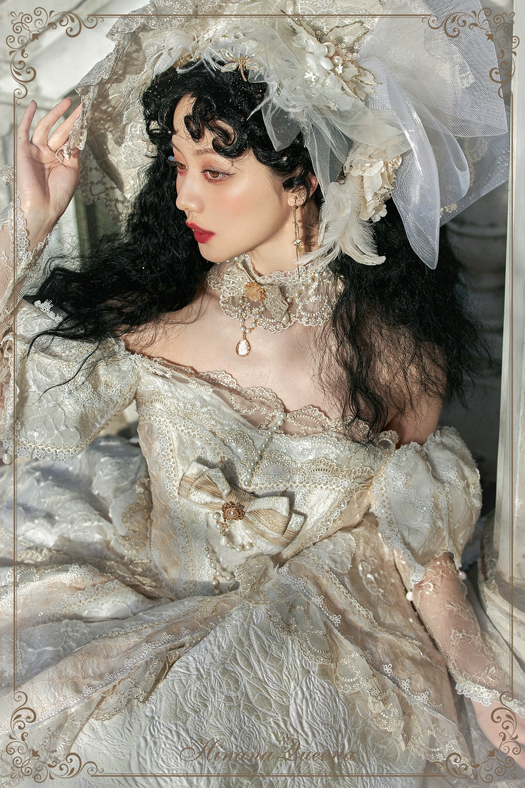 HinanaQueena~With Belle~Bridal Lolita Dress Accessory Set Top Hat and Trailing Champagne Choker (Only available for order with dress)