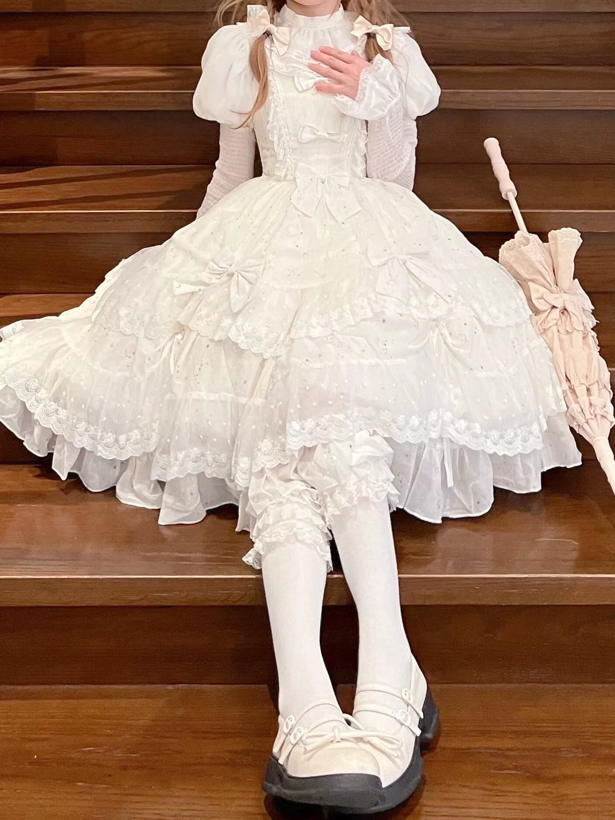 Star Wish - Classic Lolita JSK Dress, Gold Foil Constellation Chiffon (White / L M S XL) 45954:869297