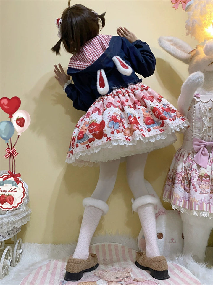 To Alice~Spring Strawberry Bunny~Kawaii Lolita Salopette Dress Hooded Coat and Blouse