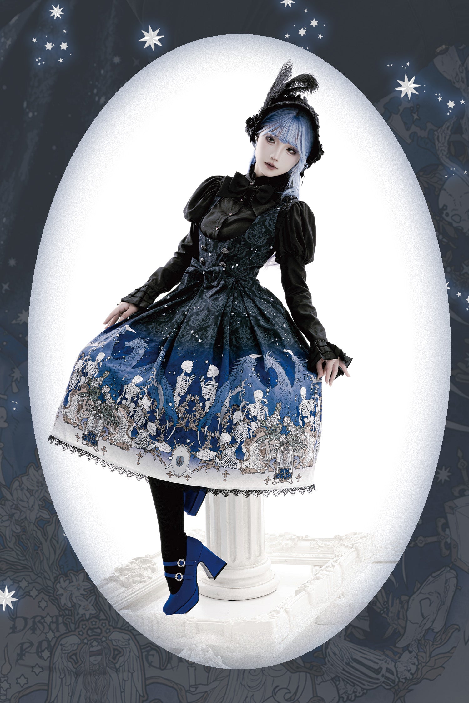 Nn Star - Dragonbone Lily - Dragon Skeleton Print Gothic Lolita Bust-supporting JSK and BNT 42664:748570