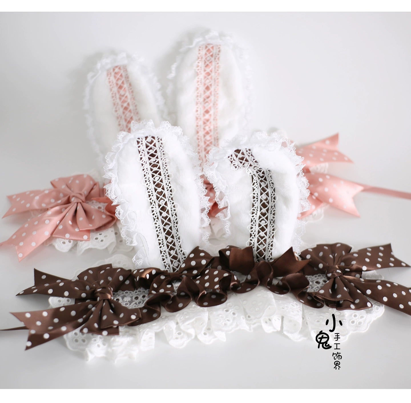 Xiaogui - Sweet Lolita Polka Dot Lace Hairband, Shapeable Bunny Ears 44127:797264