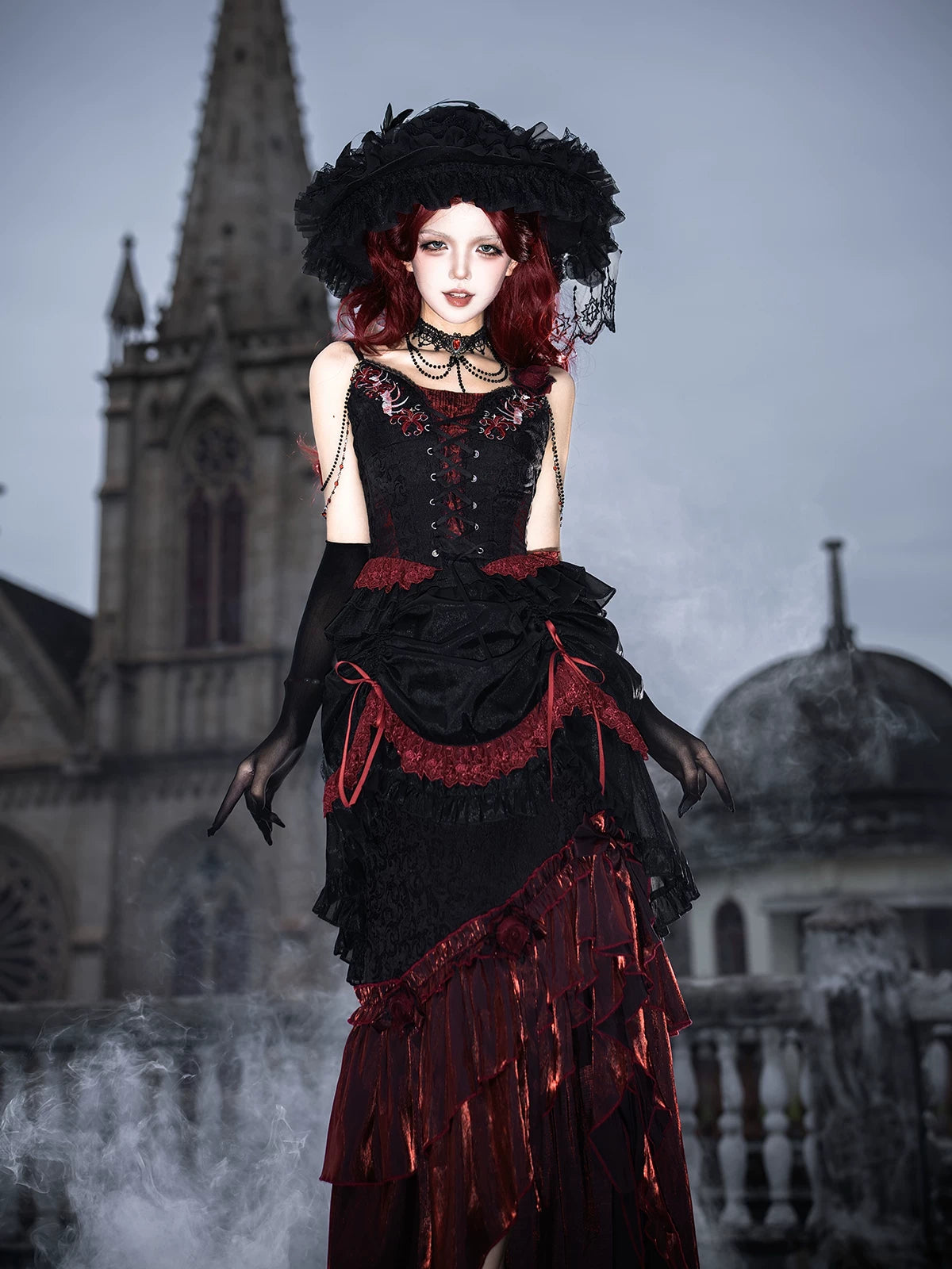 Bone Rot Bloom - Gothic Lolita Embroidered Camisole & Drawstring Lift-up Hem Skirt 45593:854852