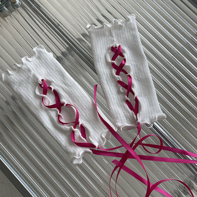 WAGUIR~Kawaii Lolita Wrist Cuffs DIY Gloves white+rose red  