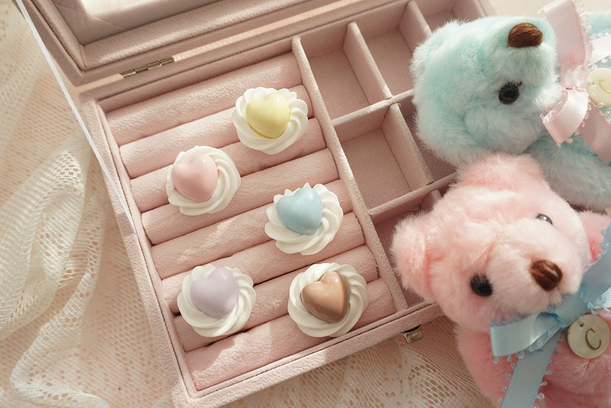Cat Tea Party~Cute Lolita Ring Handmade Clay Cream Heart Shape Adjustable Ring   