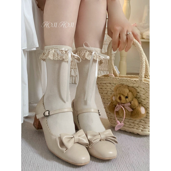 Roji Roji~Cotton Lolita Socks Lace Bow Beige Short Ankle Socks