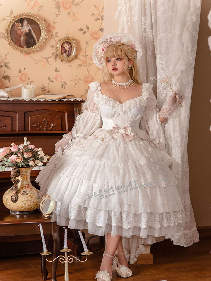 Dawn and Morning - Elegant Lolita OP Dress Sunrise Elf Long Dress S White OP only