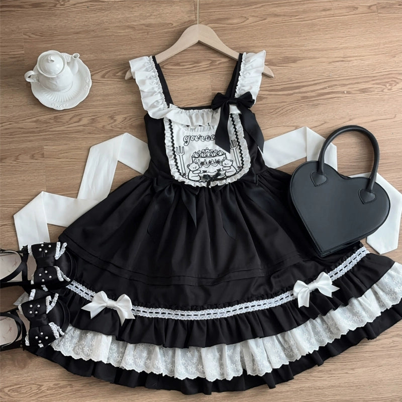 Hanguliang~Sweet Bear~Kawaii Lolita JSK Dress Embroidery Flounce Hem S black JSK