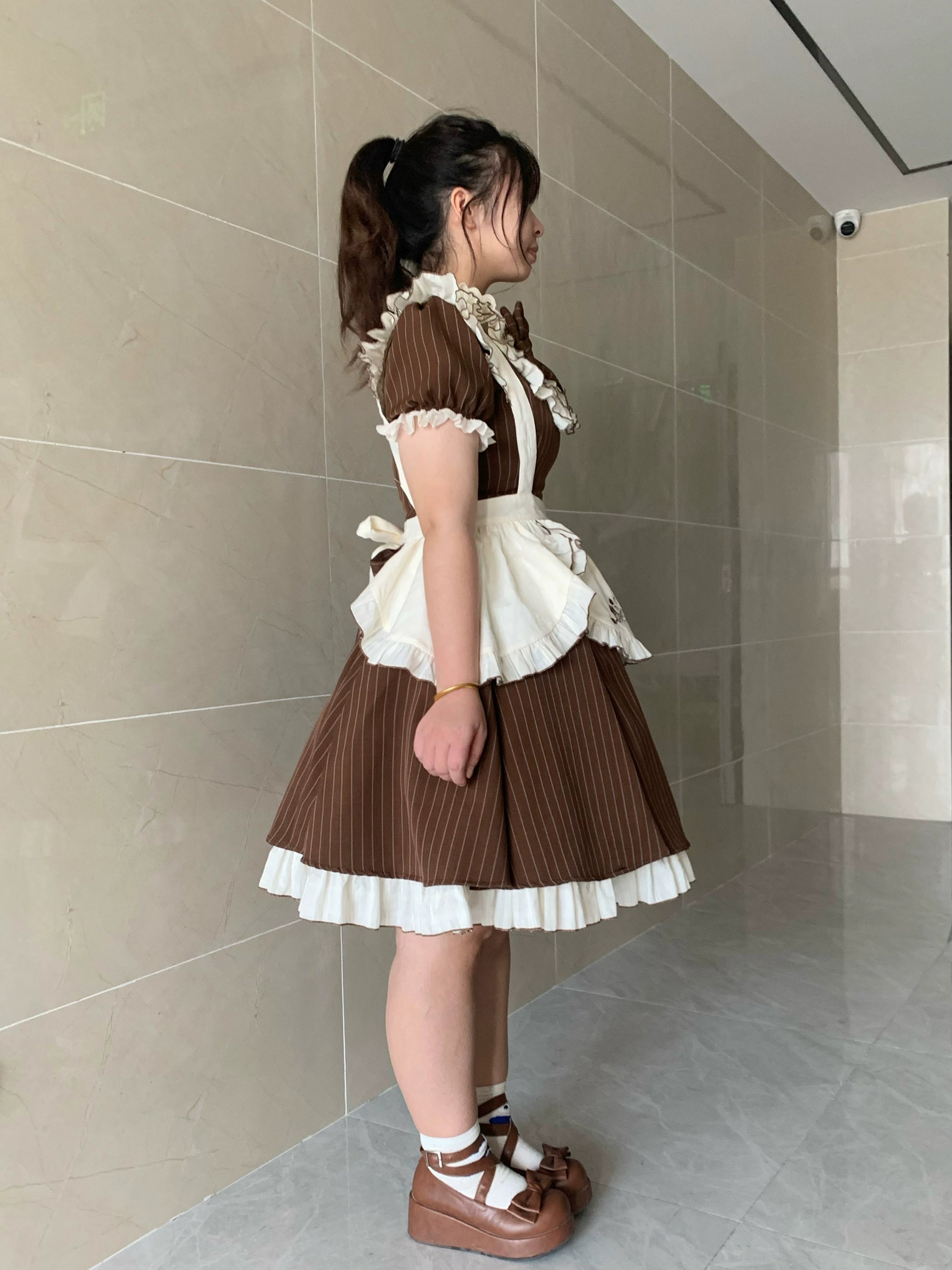 Chubby Cat Diary - Afternoon Tea - Striped Sweet Lolita OP, Petal-Ruffled Apron 44318:804537