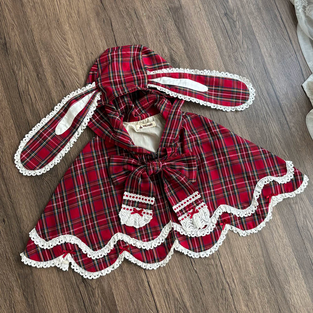 Plaid Petal Bunny - Old School Lolita Bunny Ear Cape, Lace-trimmed Petal Hem 45983:870727