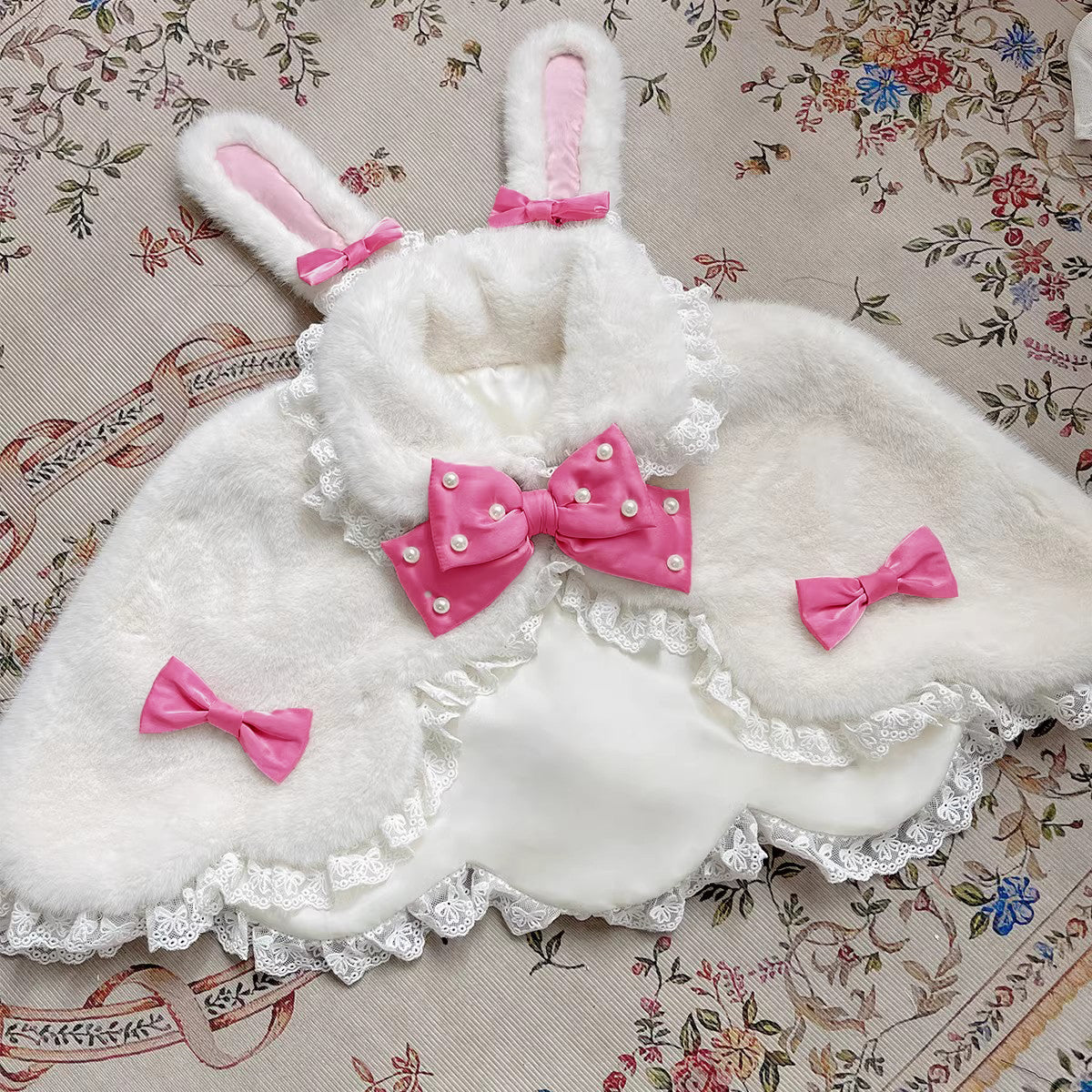 Letters from Unknown Star - Kawaii Lolita Cape Winter Lolita Shawl Daily One Size White cape + strong pink bow