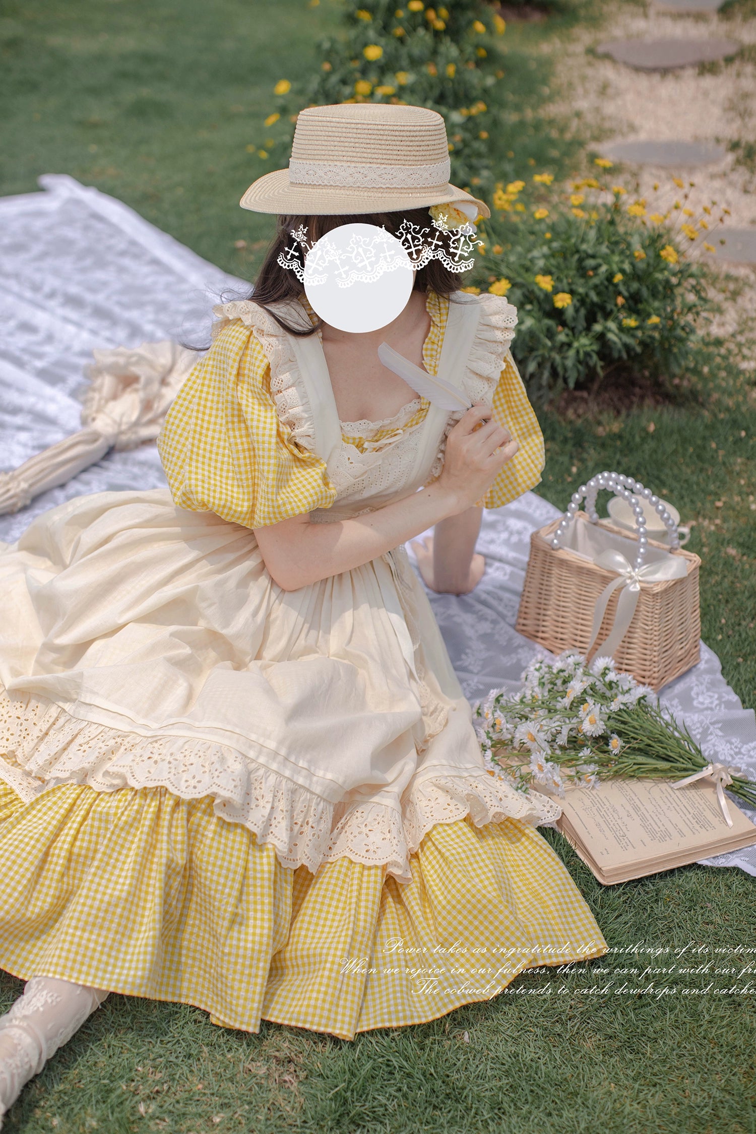 HuTaoMuJK - Belle - Yellow Lolita OP Dress Set Apron Dress Plaid Print