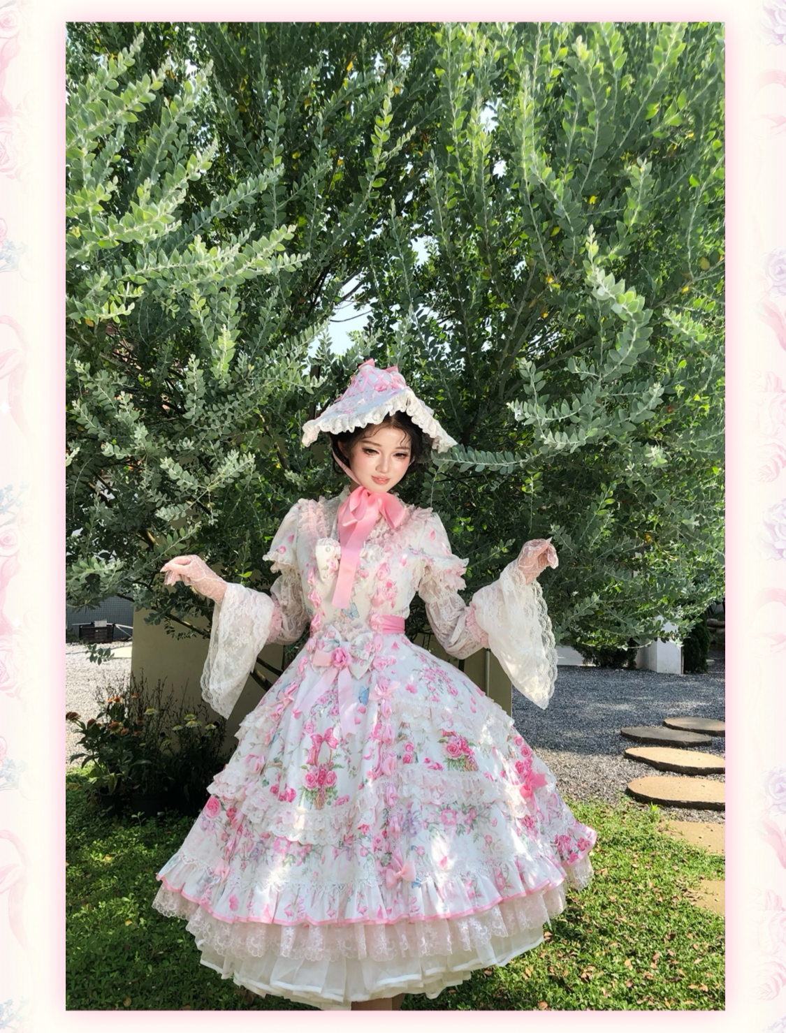 Eternal Vow - Old School Lolita Jacquard OP, Floral and Butterfly Print 45830:865747