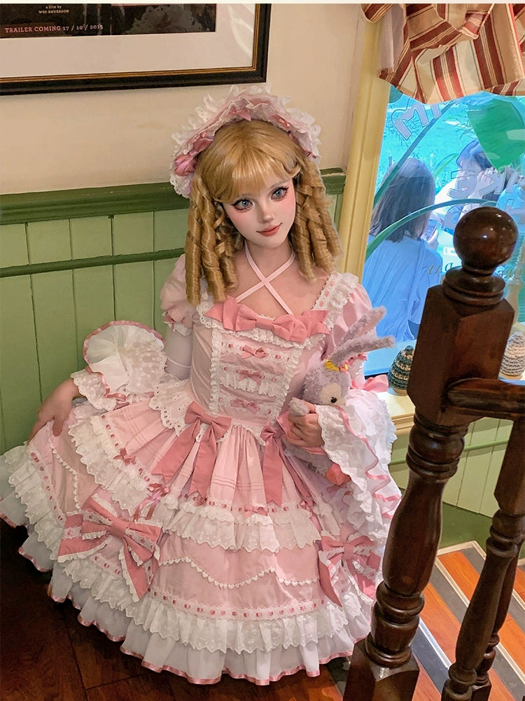 Heartbeat doll~Lily's Tea Party~Pink Old School Lolita OP Dress Long Sleeve