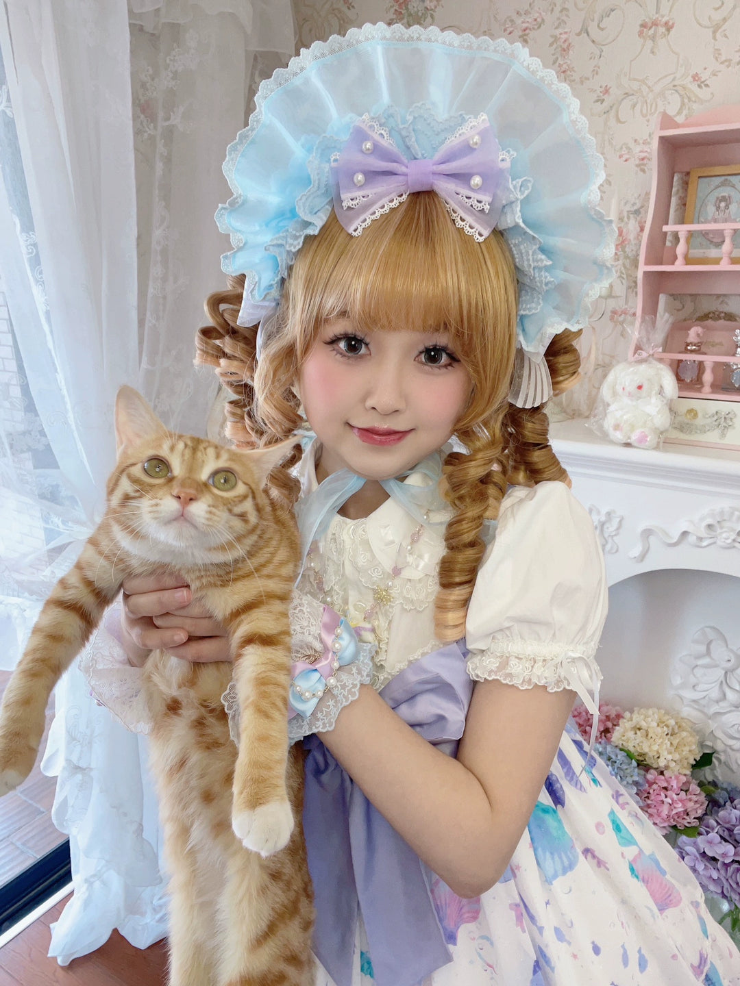 CheeseCat~Sweet Lolita Lace Cuffs Seashell Embroidery Ribbon Bow   