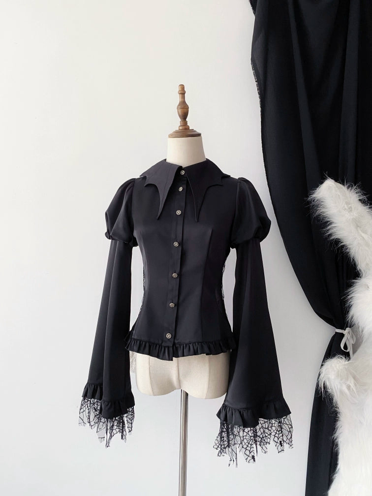 Flower messenger~Gothic Lolita Blouse Long Sleeve Jabot Hollow-out Spider Design S Black shirt 