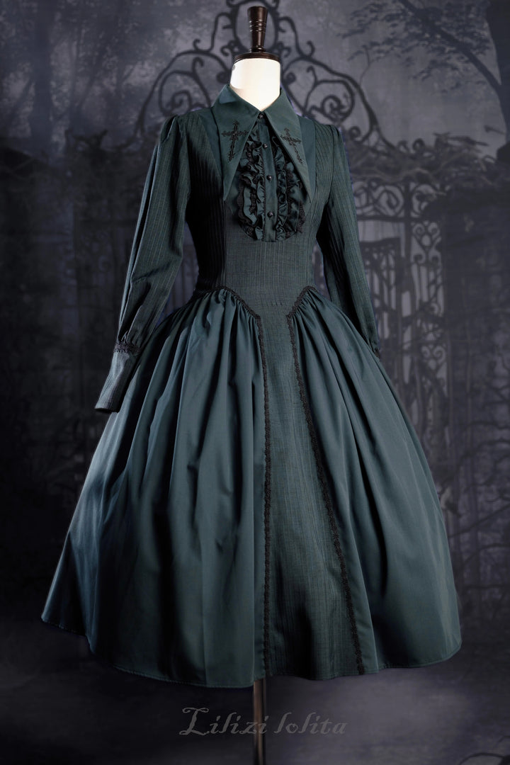Lilizi~Redemption Song~Gothic Lolita OP Dress Cross Embroidery Tiered Hem XS green long OP 