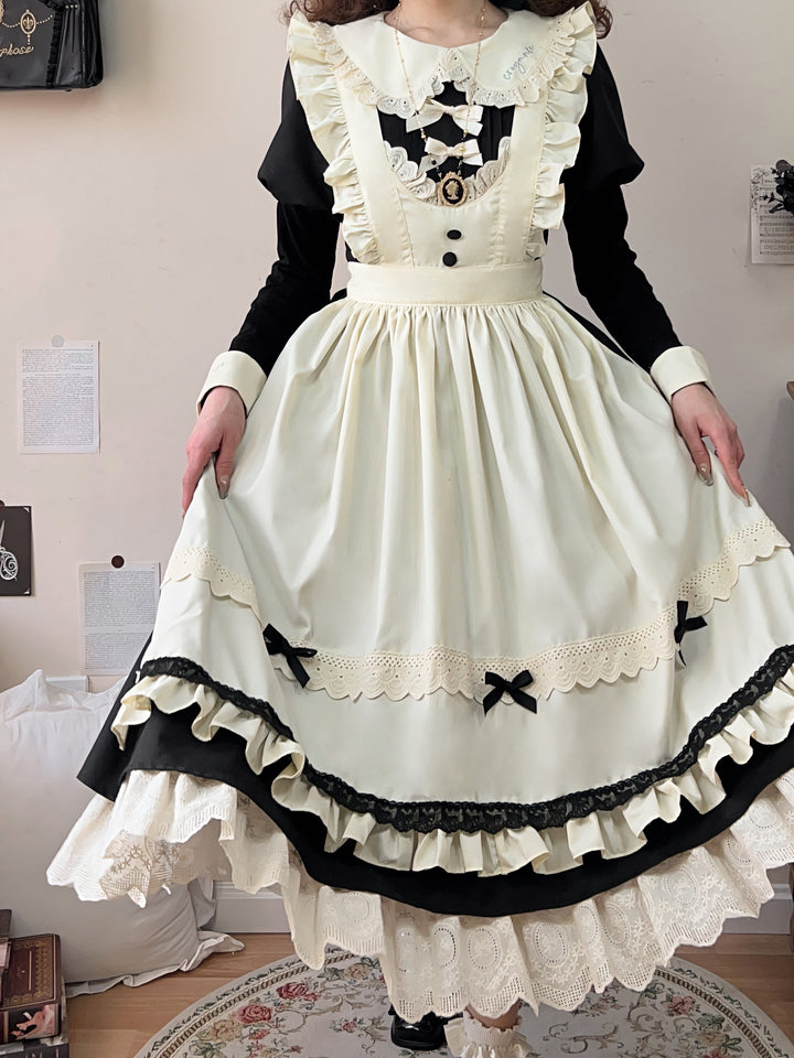 Qianmu~Classic Maid~Gothic Maid Lolita OP Suit with Apron and Jabot