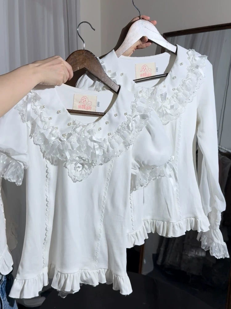 Sea Coconut - Cotton Old School Lolita Peter Pan Collar Blouse with Lace
