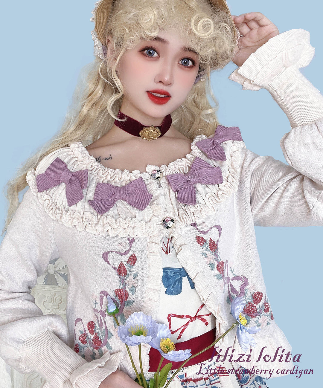 Lilizi~Little Strawberry~Sweet Lolita Cardigan Ivory Sweater with Bows