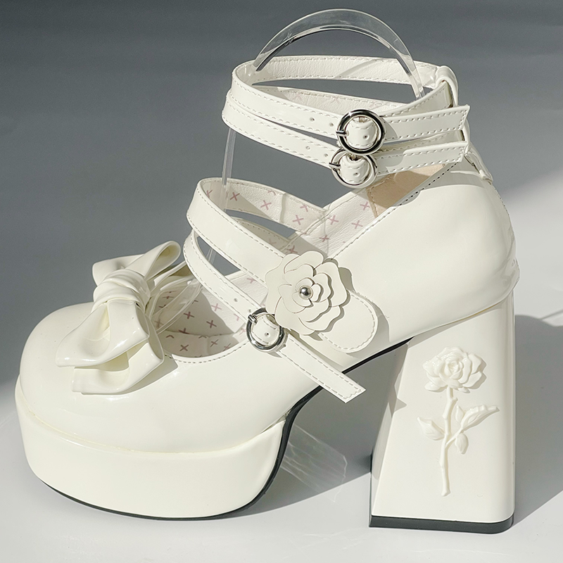 Dreamland - 11 cm Sweet Lolita Shoes with High Platform & Rose Print Heel Bright White 34