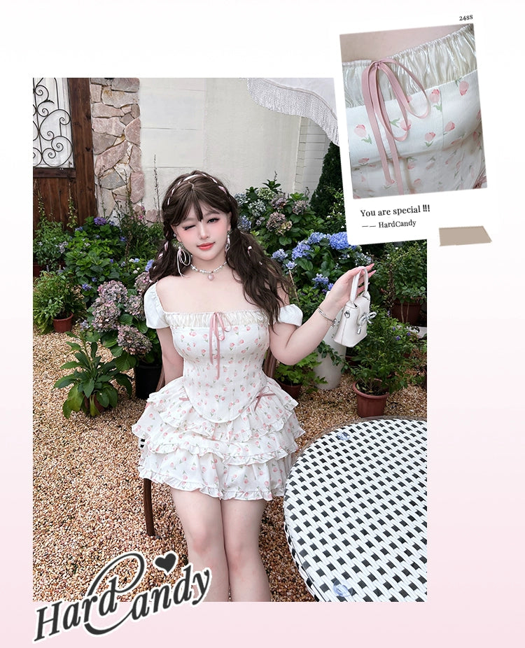 Yingtang~Plus Size Lolita Skirt Tulip Floral Print Skirt and Short Sleeve Blouse Set   