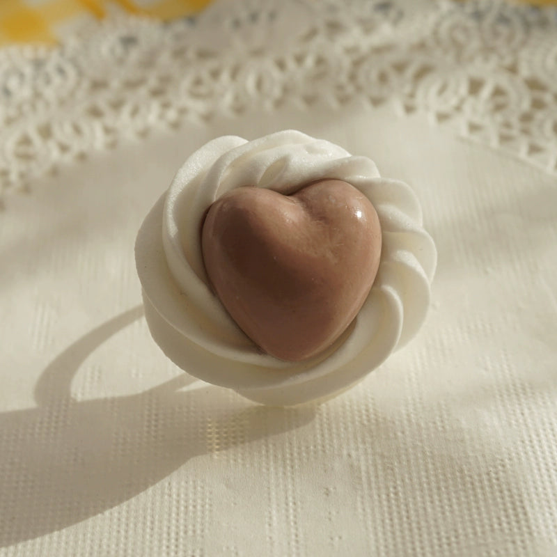 Cat Tea Party~Cute Lolita Ring Handmade Clay Cream Heart Shape Adjustable Ring Coffee  