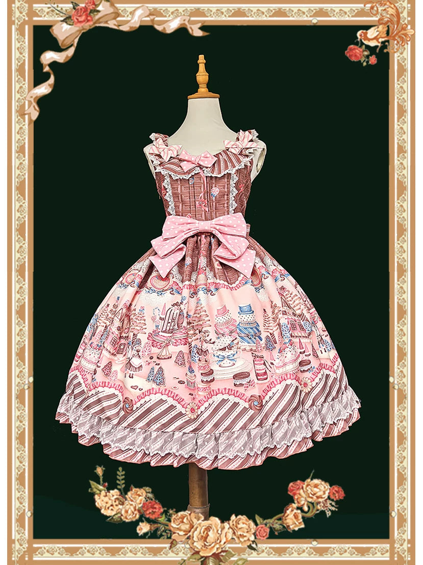 Candy House - Old School Lolita Cake Print JSK Dress, Side Zipper Brown JSK Only S