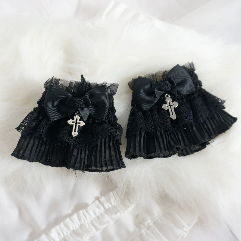 MaoJiang Handmade~Gothic Lolita Cuffs Black Rose Lace Cross Stretch Handcuff Cross Rose Black Cuffs (Pair) Elastic  