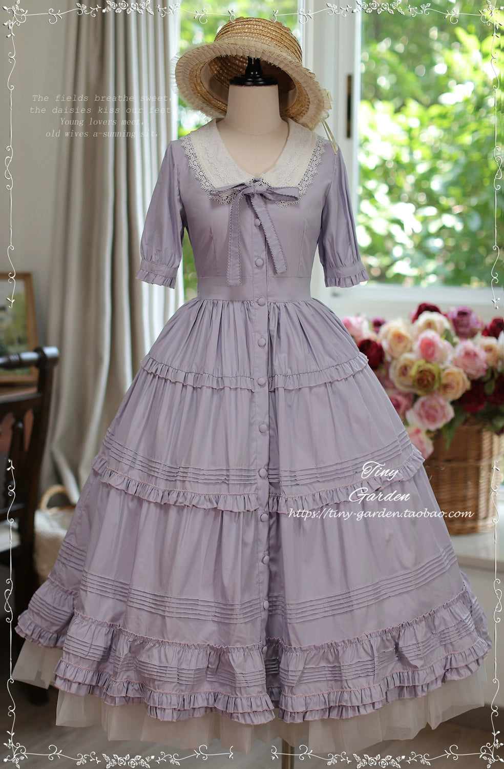 Tiny Garden~Lacey 2.0~Classic Lolita OP Lace Collar Open Front Dress S Light purple 