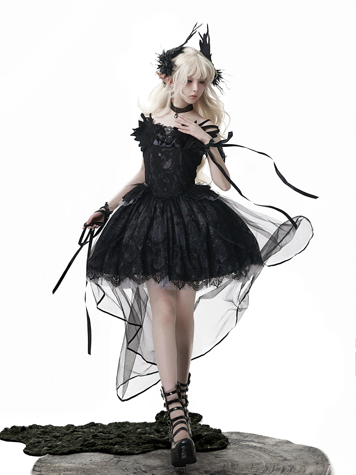Your Princess - Star Swan Dream - Black Gothic Lolita JSK Dress, Swan Embroidery 43363:798600