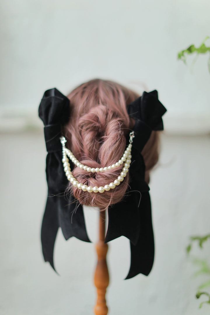 SweetDreamer~Retro Lolita Hair Clip Bow Pearl Handmade Headdress black double bow + pearl chain hair clip set  