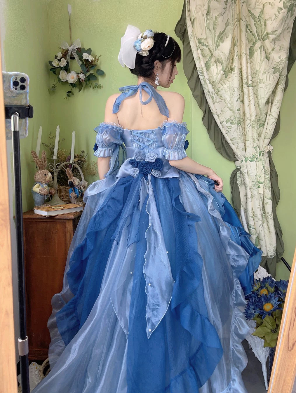 Meowing and fruity~Elegant Lolita Gorgeous Trailing With Large Hem & Shoulder Strap Deep Sea Blue - Gorgeous Trailing F