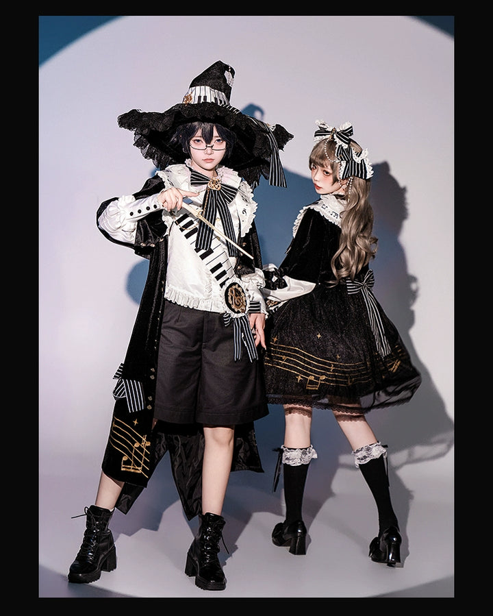 Forest Fluorescent Carps~Black and White Sonata~Ouji Lolita Vest Suit and Vintage Lolita OP Dress