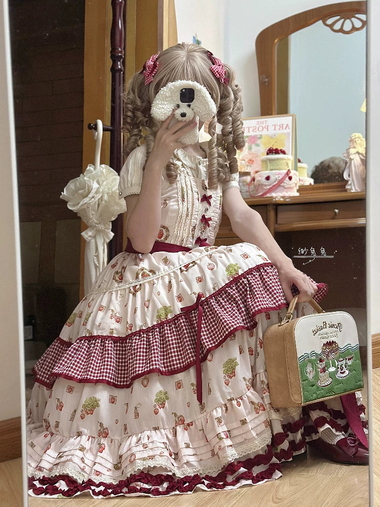 Skyfaring Strawberry - Printed Classic Lolita JSK Dress, Tired Hem