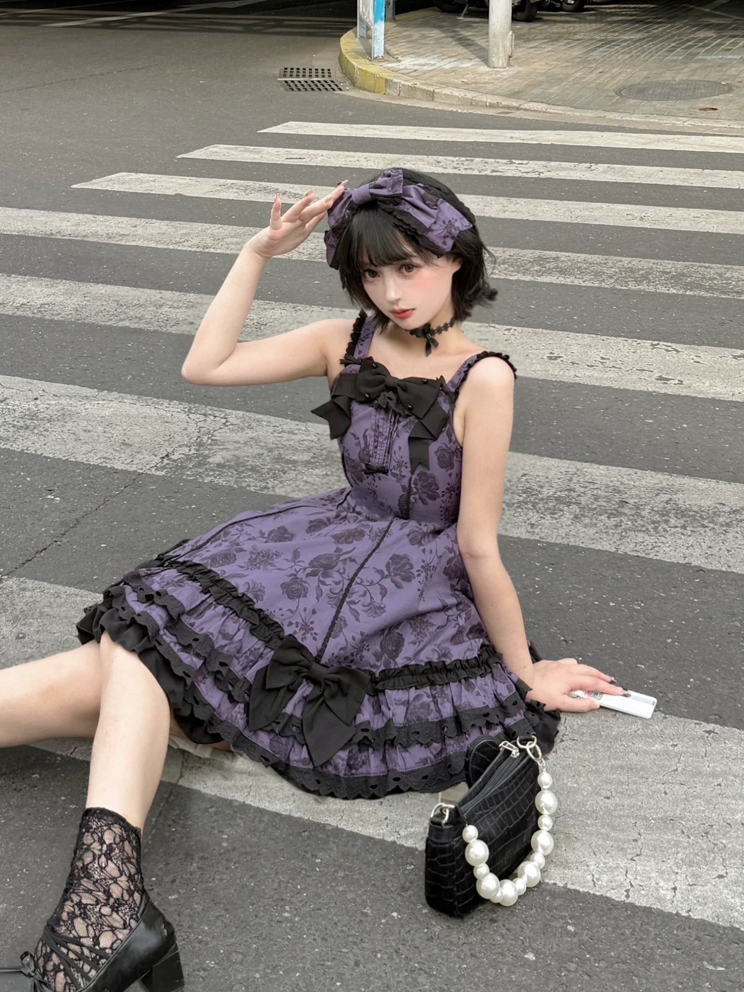 Bliss Bouquet - Cotton Old School Lolita Dress, Rose Print and Layered Hem 45656:857099