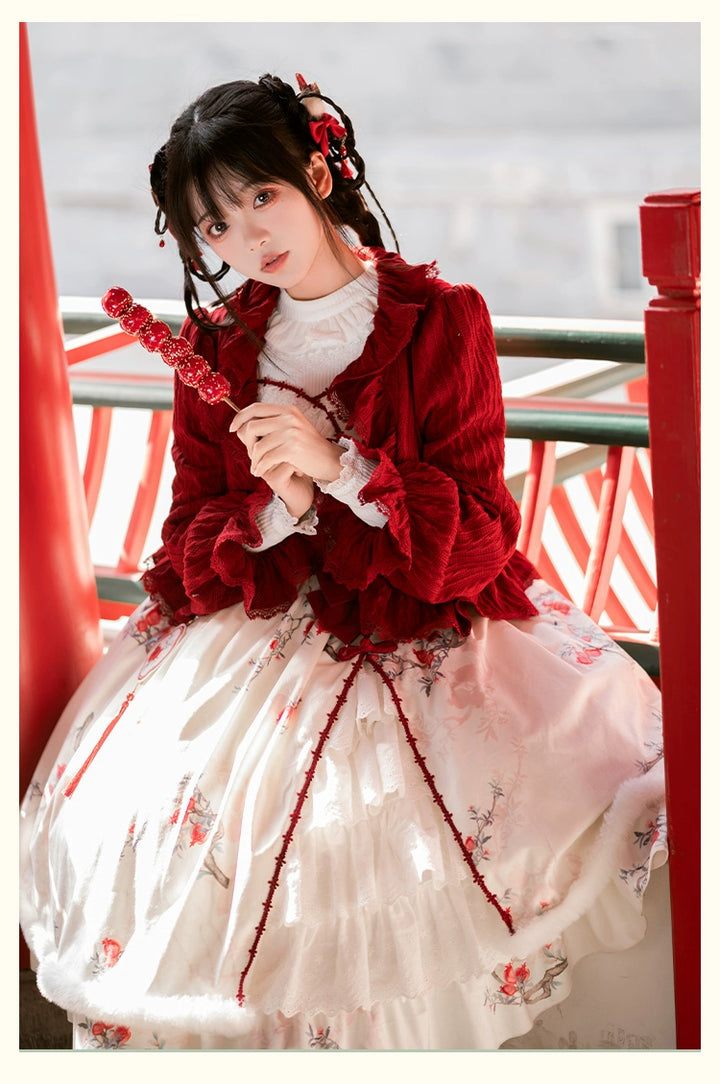 With PUJI~Pomegranate~Winter Chinese Style Lolita Knit Cardigan JSK   