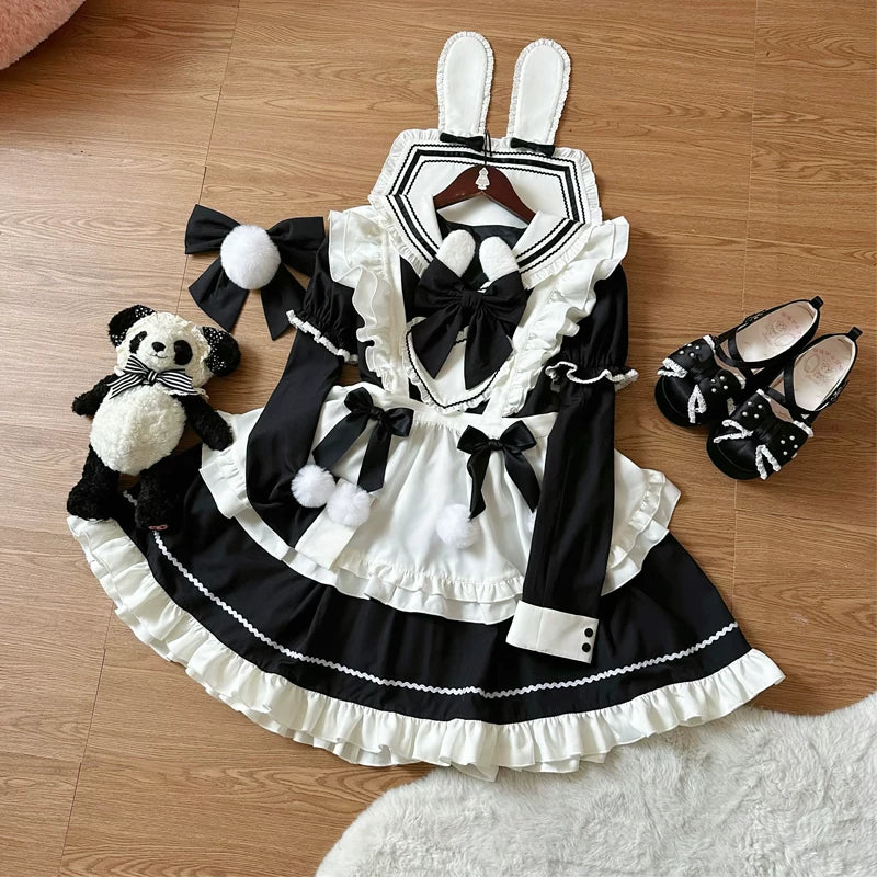Sweet Bunny Pom-pom - Maid Lolita Bunny Ear Collar OP Dress, Detachable Apron